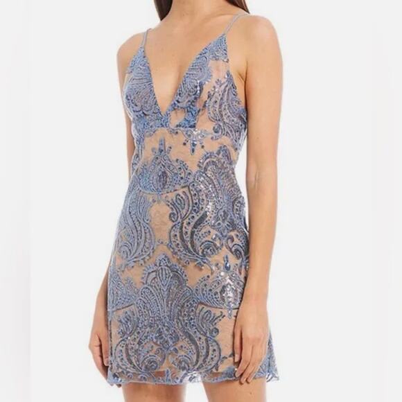 Free People Night Shimmers Sequin Blue Mini Dress - Picture 1 of 8